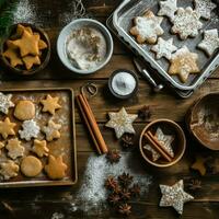 vlak leggen van Koken eigengemaakt Kerstmis bakken ingrediënten of peperkoek koekjes geplaatst Aan tafel concept door ai gegenereerd foto