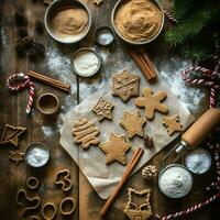 vlak leggen van Koken eigengemaakt Kerstmis bakken ingrediënten of peperkoek koekjes geplaatst Aan tafel concept door ai gegenereerd foto