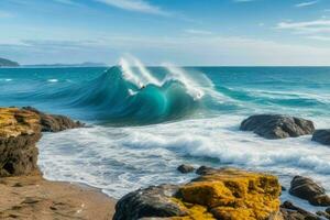 ai gegenereerd zee golven raken rotsen Aan een mooi strand. pro foto