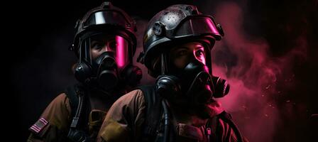 ai gegenereerd twee brandweerlieden zijn wandelen uit in een Oppervlakte foto