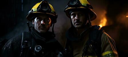 ai gegenereerd twee brandweerlieden zijn wandelen uit in een Oppervlakte foto