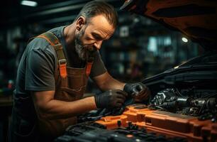 ai gegenereerd reparatie winkel monteur vaststelling de auto's motor foto