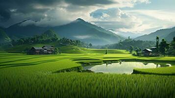 ai gegenereerd groen rijst- velden in de regenachtig seizoen mooi natuurlijk landschap foto