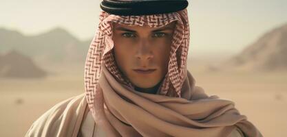 ai gegenereerd Mens in de woestijn gekleed in een Arabisch kleding foto