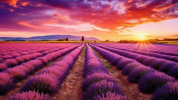 ai gegenereerd geweldig landschap verbazingwekkend zomer landschap van bloeiend lavendel bloemen foto