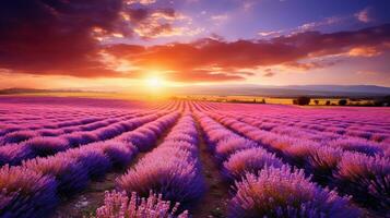 ai gegenereerd geweldig landschap verbazingwekkend zomer landschap van bloeiend lavendel bloemen foto