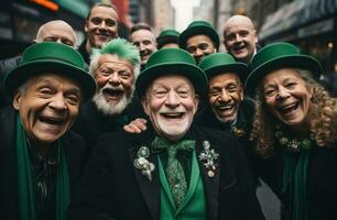 ai gegenereerd vier ouderen heilige Patrick dag burgers vieren partij met bier Aan een stad straat foto
