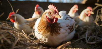 ai gegenereerd kippen in een boerderij met meerdere eieren binnen foto