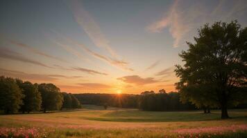 ai gegenereerd mooi natuurlijk landschap. zonsopkomst Aan weide foto