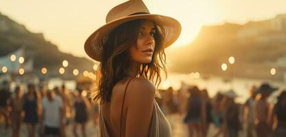 ai gegenereerd een jong vrouw in een hoed is wandelen Aan een strand foto