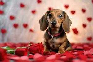 ai gegenereerd puppy liefde bloesems - charmant hoektand temidden van rood bloemblaadjes foto