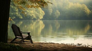 ai gegenereerd een sereen oever van het meer tafereel met een leeg stoel en herfst bladeren foto