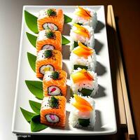 ai gegenereerd sushi zijn laag in calorieën en bevatten voedzaam vis en zeevruchten, vers groenten. generatief ai. foto