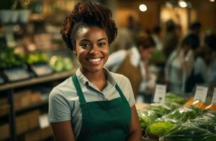 ai gegenereerd een zwart vrouw in een schort werken in een supermarkt foto