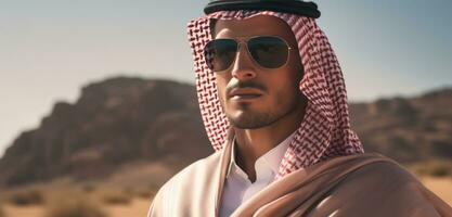 ai gegenereerd jong saudi mannetje in de woestijn foto