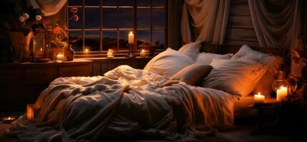ai gegenereerd een romantisch nacht kan worden geruïneerd als een bed is niet naar behoren bereid foto