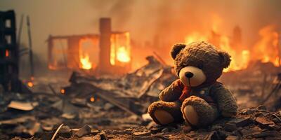 ai gegenereerd kinderen teddy beer speelgoed- over- stad verbrand verwoesting van een nasleep oorlog conflict foto