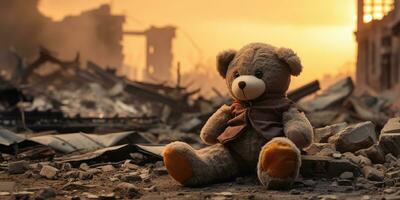 ai gegenereerd kinderen teddy beer speelgoed- over- stad verbrand verwoesting van een nasleep oorlog conflict foto
