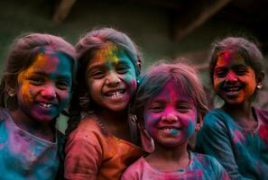 ai gegenereerd groep van gelukkig kinderen Bij holi kleur festival. genereren ai foto