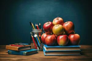 ai gegenereerd gelukkig leraar dag foto realistisch Universiteit instelling met boeken en appels generatief ai