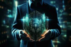 ai gegenereerd cyber veiligheid veilig gegevens bescherming bedrijf technologie privacy concept. zakenman Holding schild beschermen veiligheid icoon veiligheid Aan de virtueel weergave.informatie veiligheid systeem foto