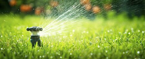 ai gegenereerd automatisch tuin gazon sproeier in actie gieter gras. ai gegenereerd foto