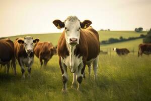 ai gegenereerd groep van koeien staand in een met gras begroeid veld. ai gegenereerd foto