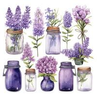 ai gegenereerd verzameling van waterverf metselaar potten met Purper bloemen clip art. ai gegenereerd foto