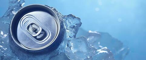 ai gegenereerd top van drinken blik kan bevroren ondergedompeld in vorst ijs, metaal aluminium drank. generatief ai foto