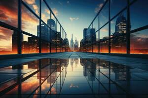 ai gegenereerd modern kantoor gebouw of bedrijf centrum hoog gebouwen' ramen gemaakt van glas reflecteren wolken en zonlicht. leeg straten buiten de muren van modern beschaving bedrijf groei door foto