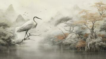 ai gegenereerd tekening behang van een landschap van vogelstand kraan in de midden- van de Woud in Japans wijnoogst stijl foto