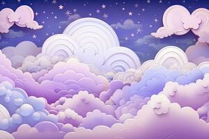 ai gegenereerd grillig lucht 3d decoratief schilderij met wolken, sterren, en regenbogen in licht roze en paars tinten foto