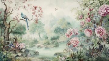 ai gegenereerd behang waterverf schilderij van Woud landschap met meer, planten, bomen, rozen, vogels, vlinders en insecten foto