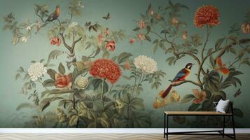 ai gegenereerd behang schilderij van Woud landschap met planten, bladeren, rozen, vogels, pauwen, vlinders en insecten voor interieur muurschilderingen muur kunst decor. foto