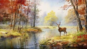 ai gegenereerd waterverf schilderij Woud in herfst met bomen en wilde bloemen met hert in de meer een landschap voor de interieur kunst tekening foto