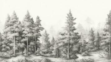ai gegenereerd wijnoogst behang patroon beeltenis de oude Europese bossen, weergegeven in zwart en wit in een klassiek tekening stijl. foto