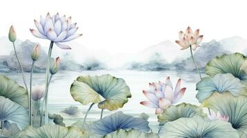ai gegenereerd waterverf behang patroon landschap van lotus bloem met meer achtergrond foto
