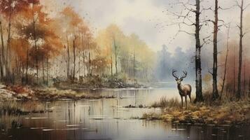 ai gegenereerd herfst kalmte wijnoogst waterverf schilderij van een Woud, met bomen en dieren in het wild door een rivier- meer, met bevallig hert in een tijdloos landschap. foto
