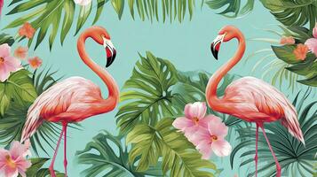ai gegenereerd tropisch kalmte behang patroon met exotisch bladeren en bevallig flamingo vogelstand achtergrond. foto