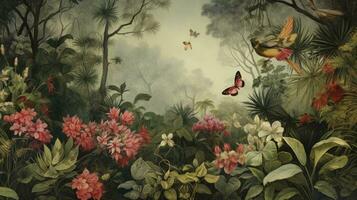 ai gegenereerd tropisch behang met een oerwoud van bladeren, tropisch Woud vogels, en vlinders, bewerkte in een oud tekening wijnoogst stijl, perfect voor muur kunst. foto