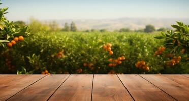 ai gegenereerd houten tafel in een oranje boomgaard foto