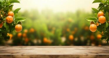 ai gegenereerd houten tafel in een oranje boomgaard foto