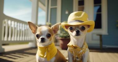 ai gegenereerd twee chihuahua dieren zijn vervelend hoeden Aan de voorkant veranda foto