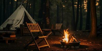 ai gegenereerd de kampvuur in de bossen met tent in de omgeving van het en een stoel, foto