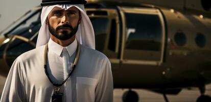 ai gegenereerd de Mens, vervelend een uae uniform, looks Bij de helikopter foto