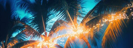 ai gegenereerd palm boom met lichten Bij nacht foto
