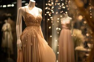 ai gegenereerd mannequin in glimmend delicaat jurk. foto