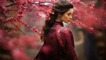 ai gegenereerd vrouw van Chinese erfgoed in een traditioneel kleding wandelen door bloeiende bomen foto