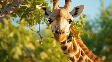ai gegenereerd schattig giraffe eet bladeren van boom Aan Afrika foto