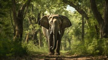 ai gegenereerd een vorstelijk en majestueus olifant, haar enorm het formulier dwerggroei de bomen in de omgeving van het foto